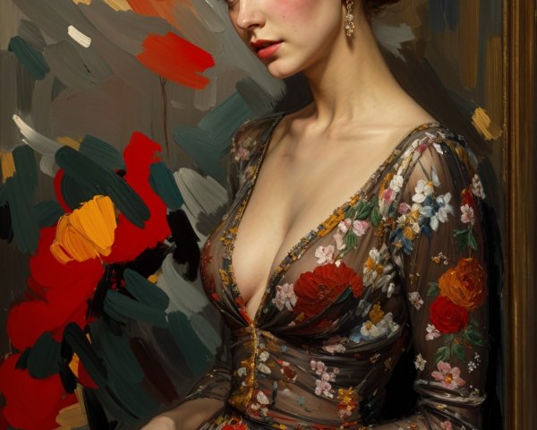 Elegant Woman in Sheer Floral Dress Against Abstract Background