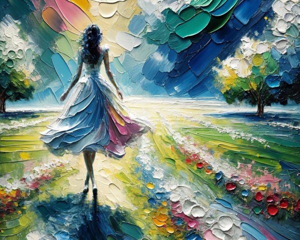 Impressionistic Landscape with Woman in White Dress