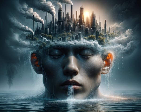 Surreal Cityscape Emerging from a Person's Head