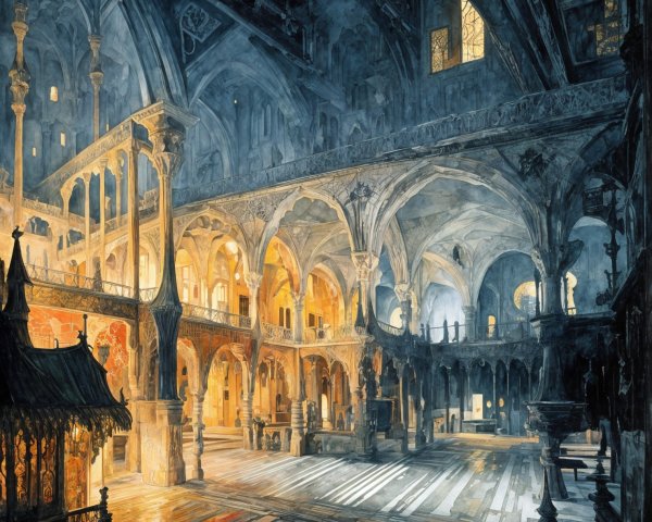 Medieval-Style Hall with Intricate Architecture and Light