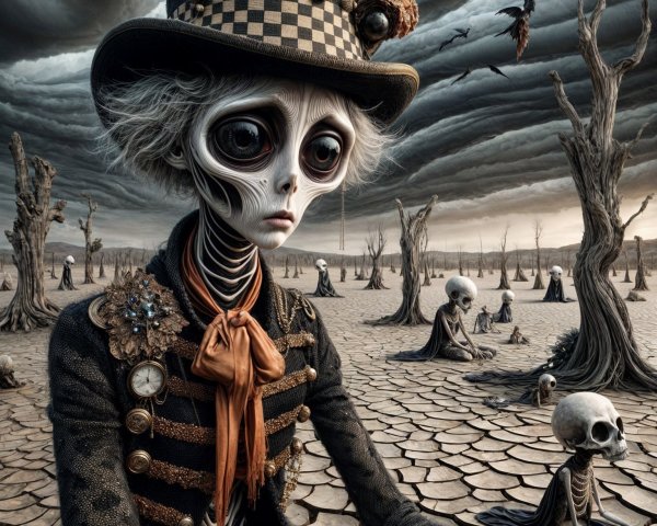Skeletal Figures in a Surreal Desolate Landscape
