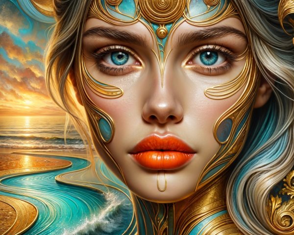 Portrait of a Woman with Golden Patterns and Sunset Background
