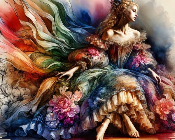 Elegant figure in multi-colored gown against vibrant backdrop
