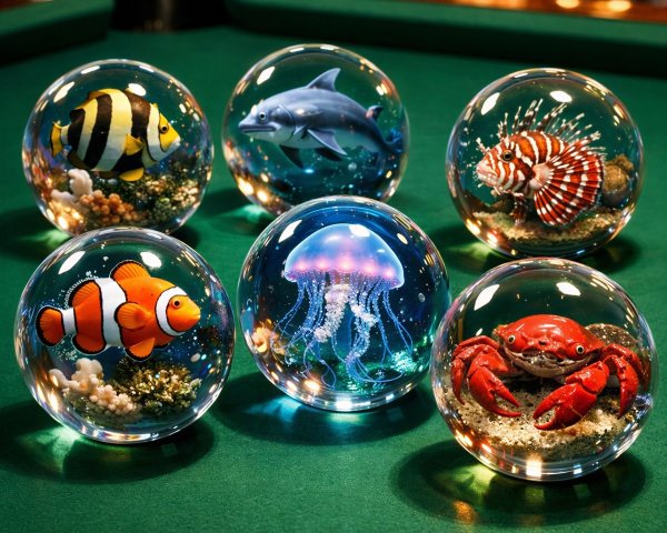 Colorful Sea Creatures in Glass Orbs on Green Surface