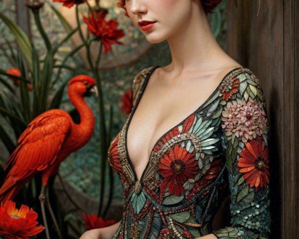 Elegant Woman in Floral Gown with Flamingo and Greenery