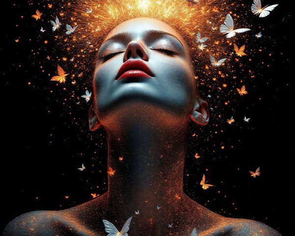 Close-up of a woman with red lips and butterflies