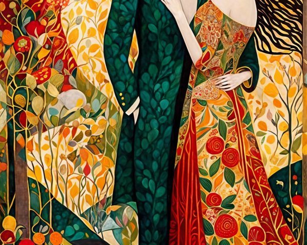 Colorful Illustration of Romantic Couple in Autumn Landscape
