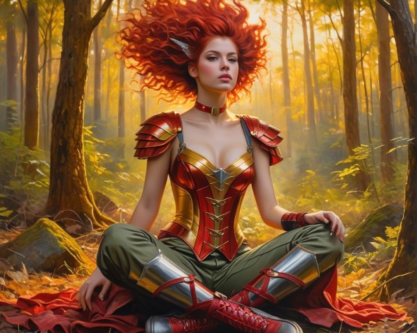 Warrior Woman in Vibrant Forest with Striking Armor