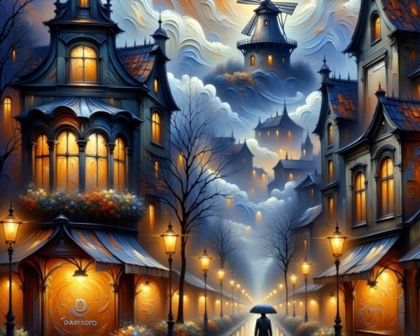 Illuminated Street Scene with Cozy Shops and Windmill