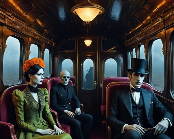 Vintage Train Carriage with Mysterious Figures