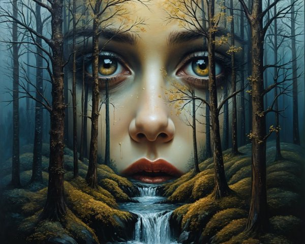 Surreal Landscape with Expressive Face in Misty Forest