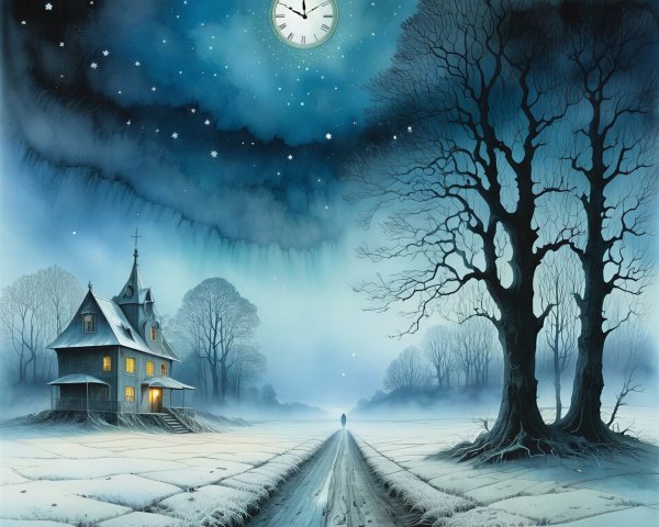 Whimsical Winter Landscape with Clock at Midnight