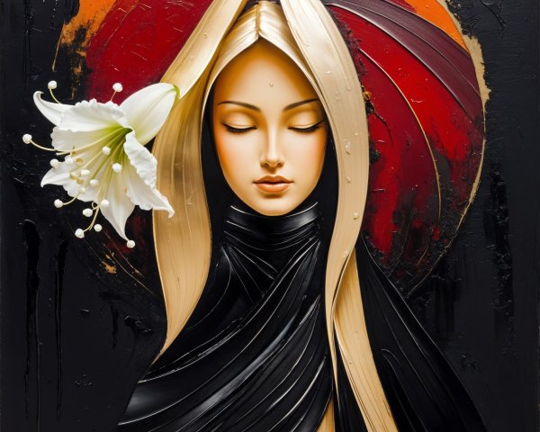 Serene Female Figure with Lily on Bold Red Background