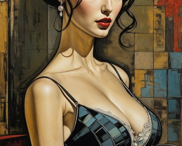 Glamorous Woman in Elegant Dress with Wine and Patterns