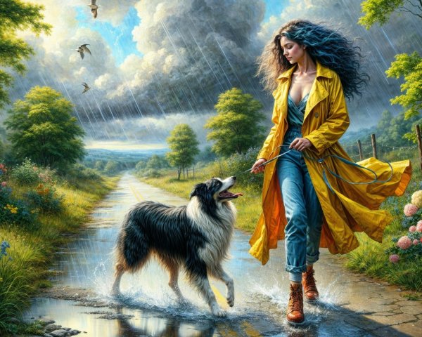 Woman in Yellow Raincoat Walking Collie on Rainy Road