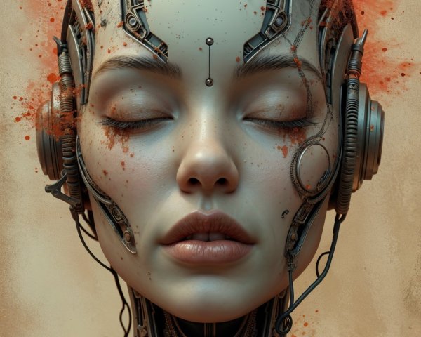 Futuristic humanoid robot with serene expression and details