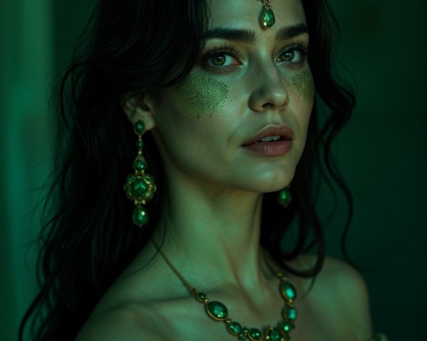 Portrait of a Woman in Green with Intricate Jewelry