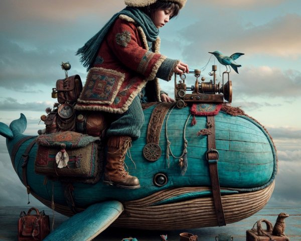 Whimsical Scene of Boy on Whale with Sewing Machine