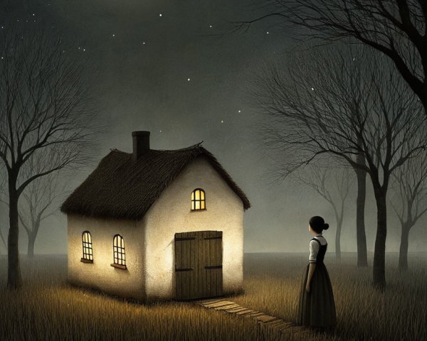 Lone Figure in Dim Field by Thatched Cottage at Night