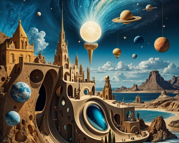 Surreal Landscape with Cosmic Architecture and Colors