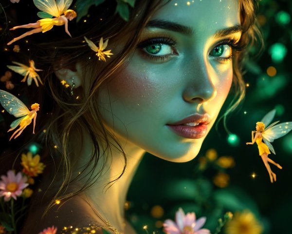 Magical Portrait of Woman Amidst Flowers and Fairies