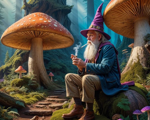 Wizard in Enchanted Forest Surrounded by Mushrooms