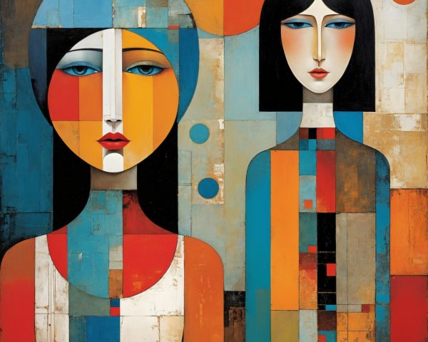 Stylized Figures Against Vibrant Geometric Background