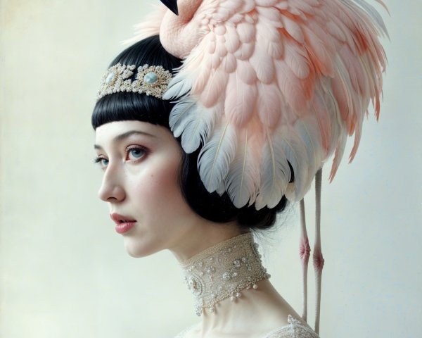Woman in ethereal attire with flamingo headpiece