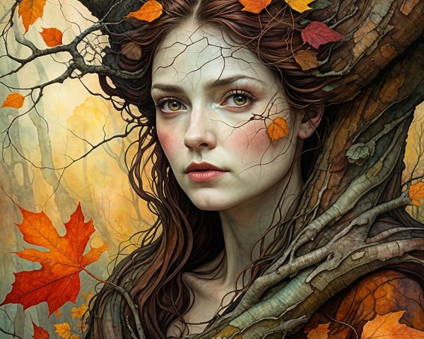 Portrait of a woman intertwined with a tree in autumn