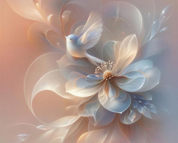 Digital Illustration of a White Bird on Ethereal Flower