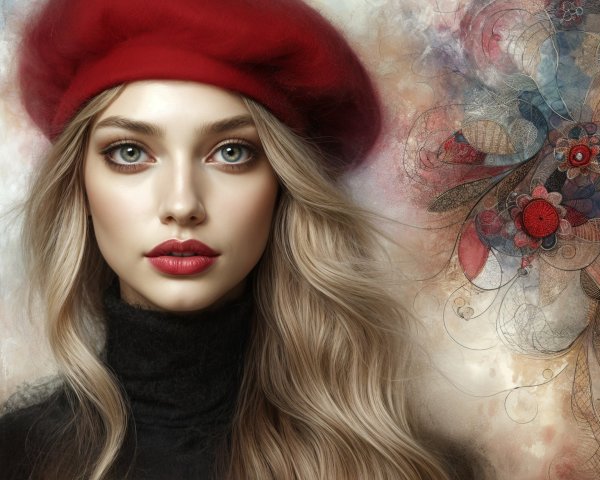 Portrait of a Woman in Red Beret and Dark Turtleneck