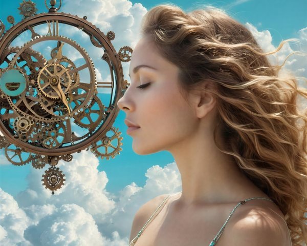 Steampunk Woman with Clockwork Mechanism in Sky