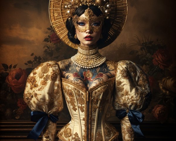 Portrait of a Woman in Golden Gown and Ornate Mask