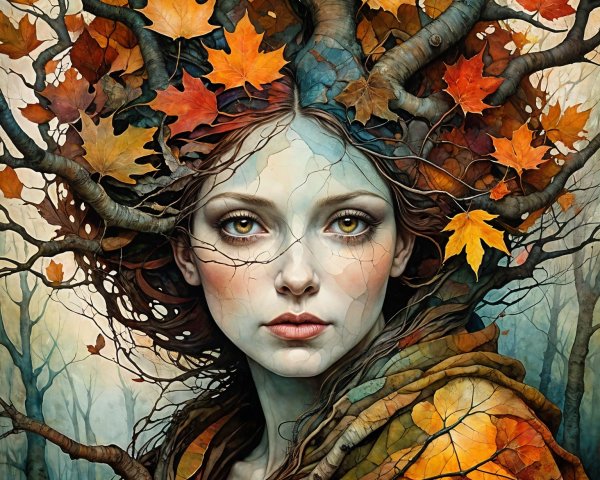 Mystical Woman in Enchanted Autumn Forest Scene