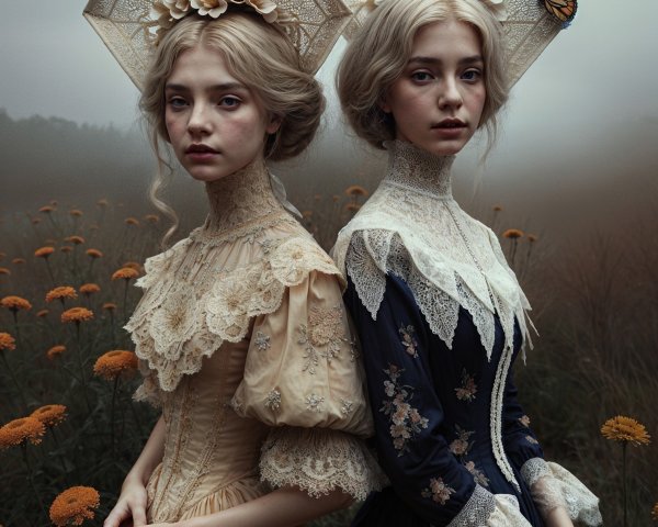 Elegant Young Women in Misty Field with Gowns