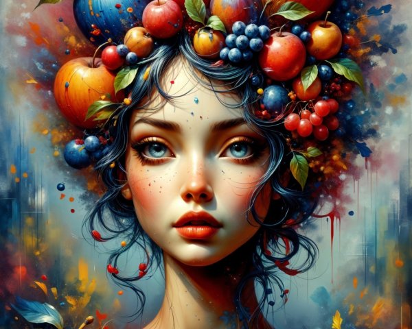 Portrait of a woman with a fruit crown and vivid colors