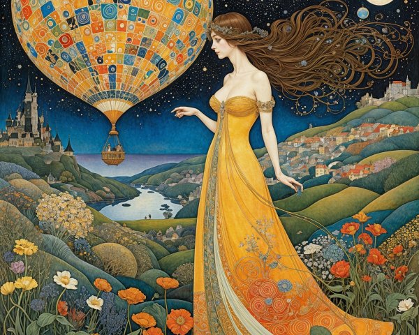 Mystical Scene with Woman in Yellow Gown and Balloons