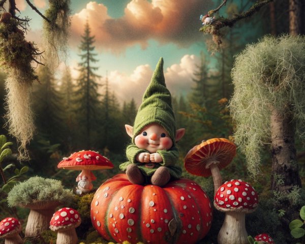 Whimsical Gnome on Pumpkin in Lush Forest Scene