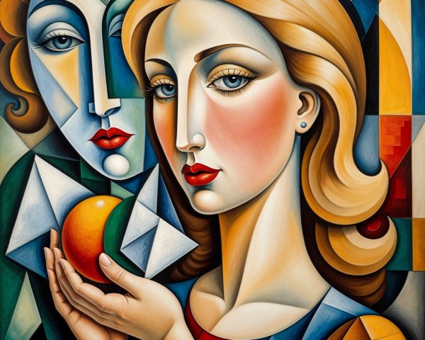 Stylized Portrait of Woman with Orange and Geometric Shapes