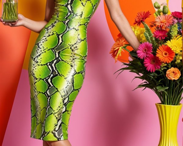 Model in Green Snake-Print Dress with Floral Vase