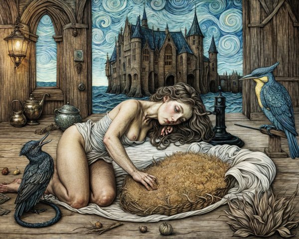 Whimsical Interior with Nest and Castle Background