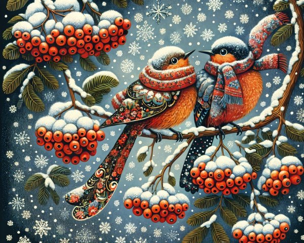 Illustration of Birds on Snowy Branch in Winter Scene