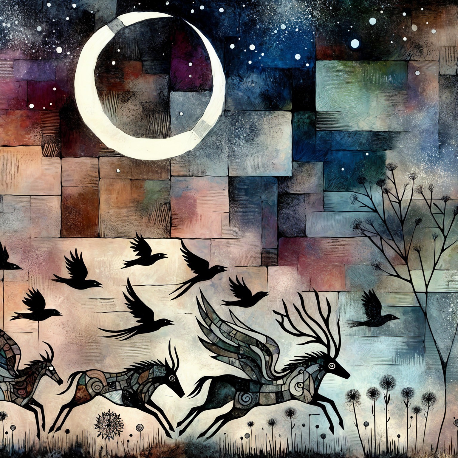 Mystical Landscape with Horses and Crescent Moon