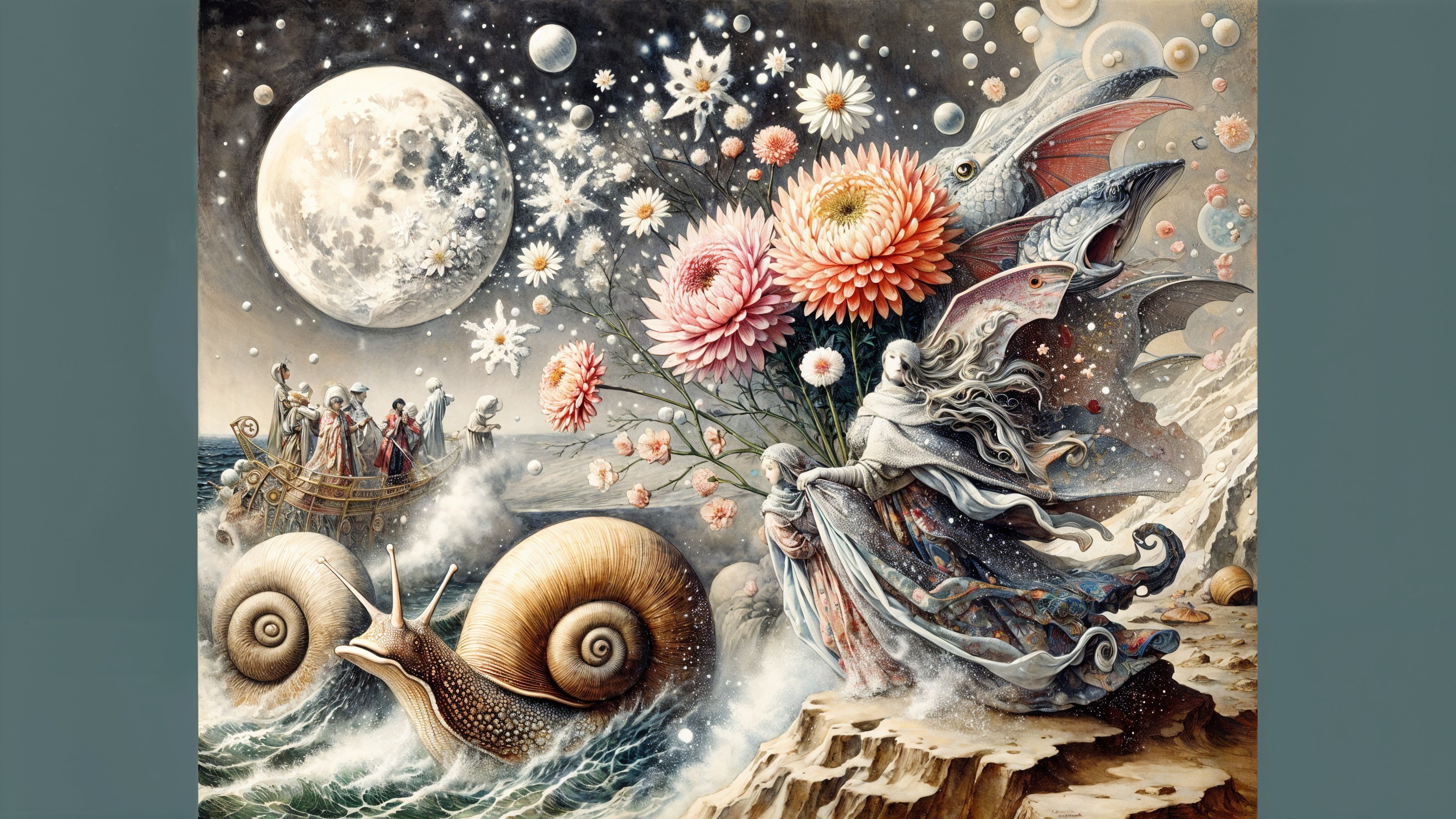 Mystical Landscape with Moon and Whimsical Elements