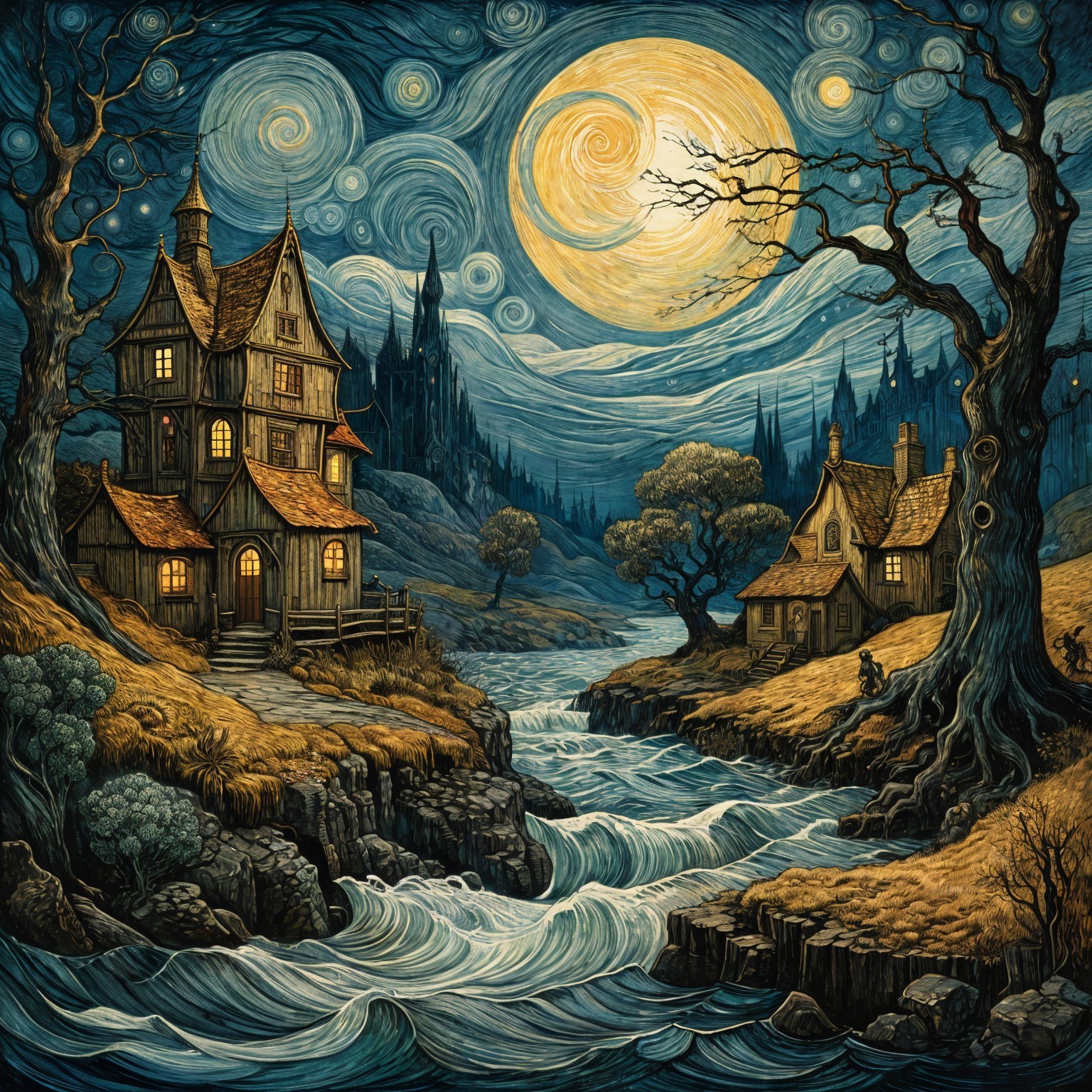 Whimsical Night Landscape with Illuminated House and River