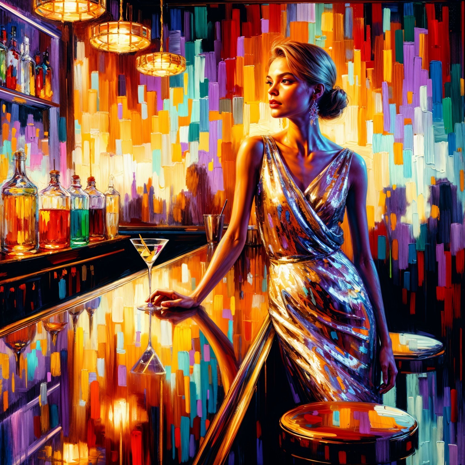 Stylish Woman in Silver Dress at Colorful Bar Counter