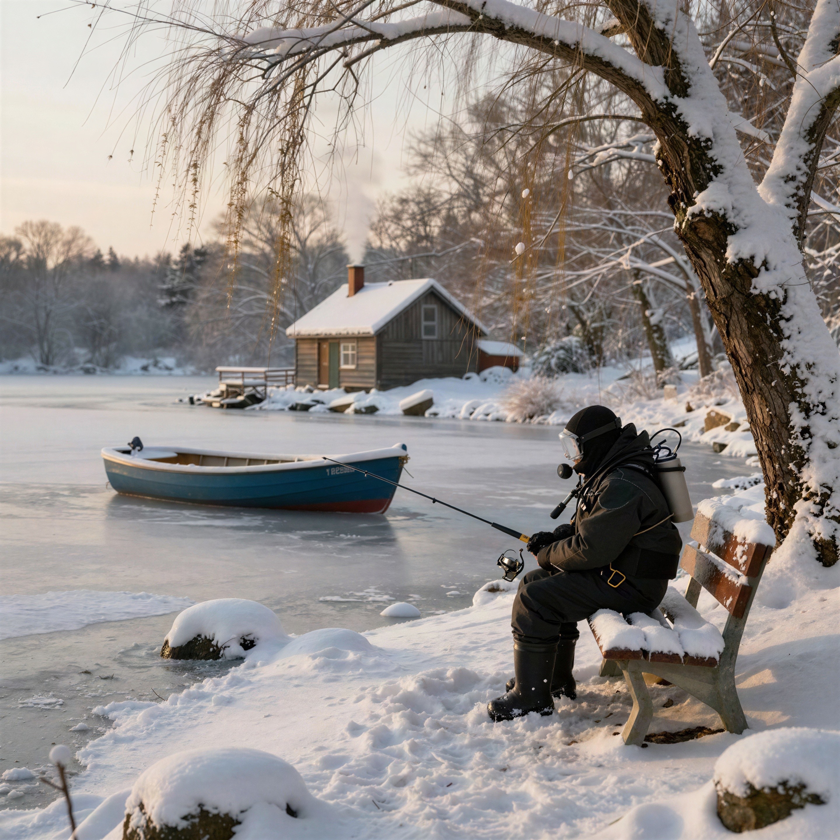 Diver in Suit Fishing by Frozen Lake and Cabin