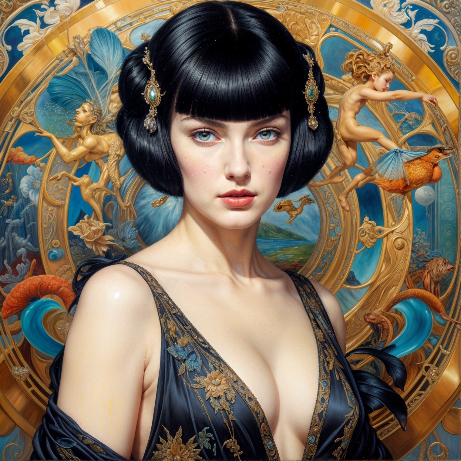 Serene Woman in Dark Gown with Mythical Background