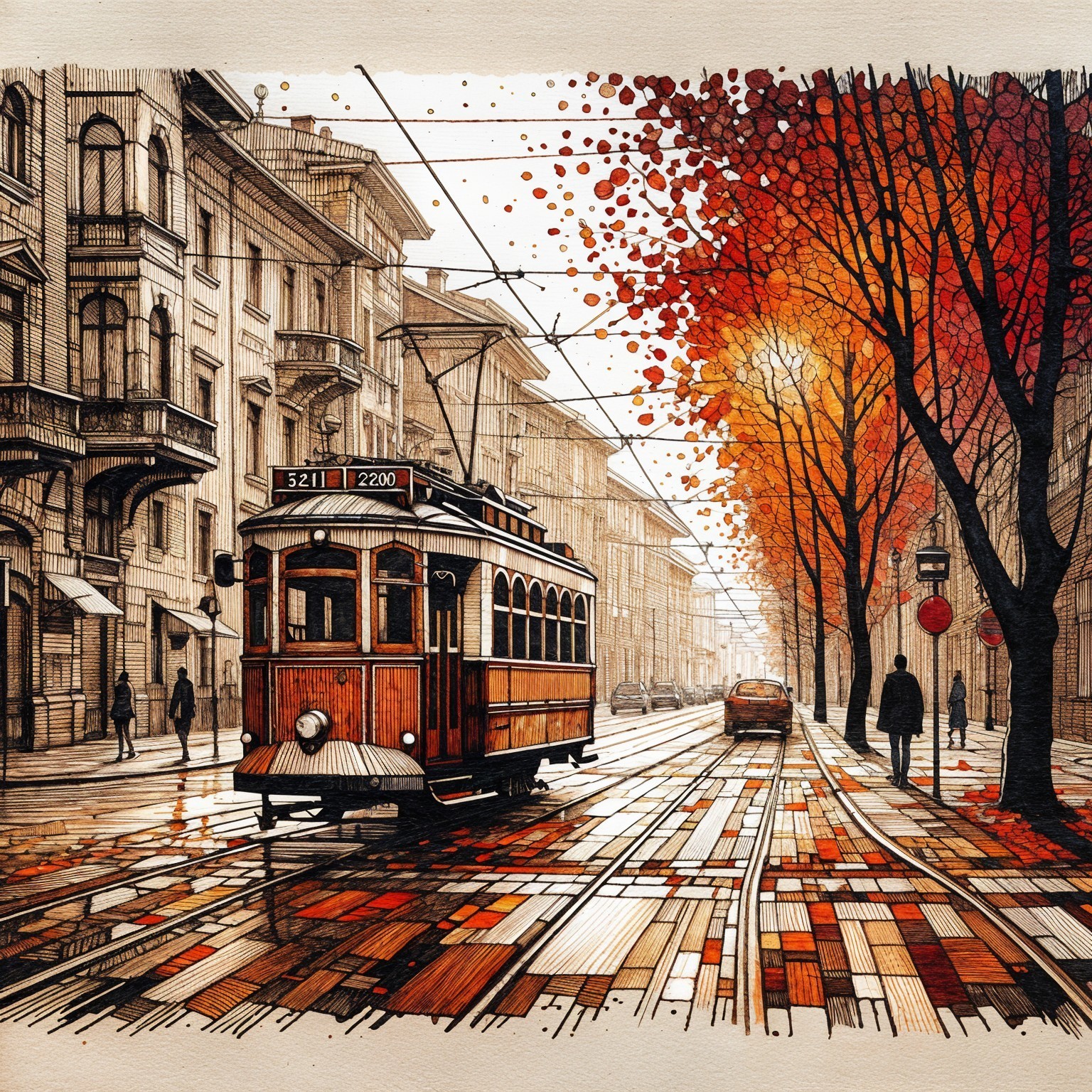 Vintage Tram on Cobblestone Street in Autumn