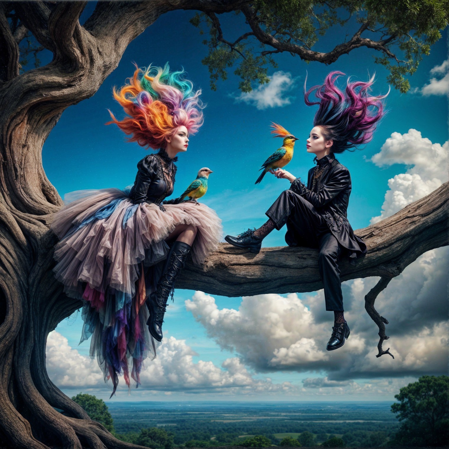 Surreal Scene of Figures on a Branch with Birds